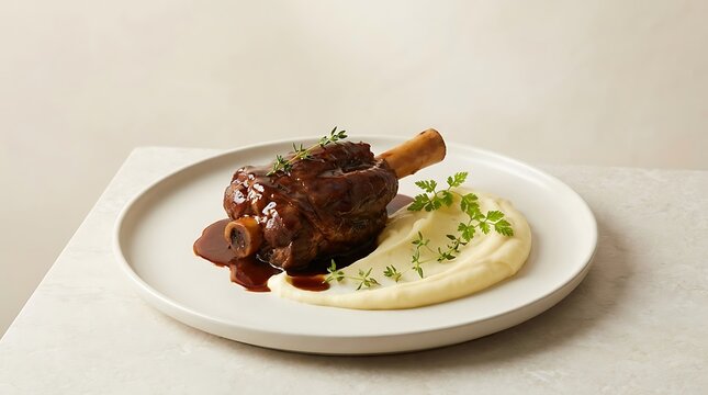 Slow-cooked veal osso bucco with mashed potatoes and parsley garnish on white plate for restaurant menu presentation. veal osso bucco