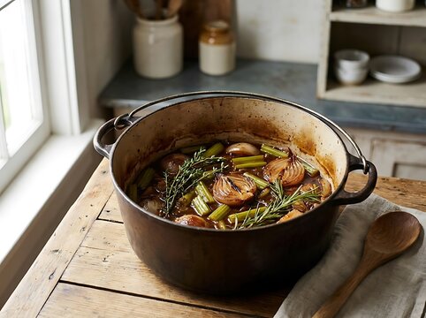 Chef prepares osso bucco with herbs and vegetables in rustic kitchen pot for gourmet recipe content. veal osso bucco