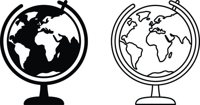 Desk globe vector icon set isolated on white background.Classic educational classroom globe on stand vector icon set. School globe line art, glyph icons.