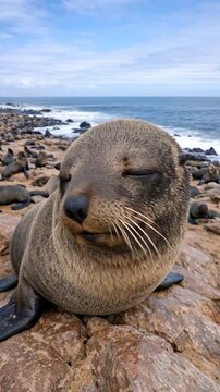 Close-up Portrait of a Sea Lion on a Rocky Beach