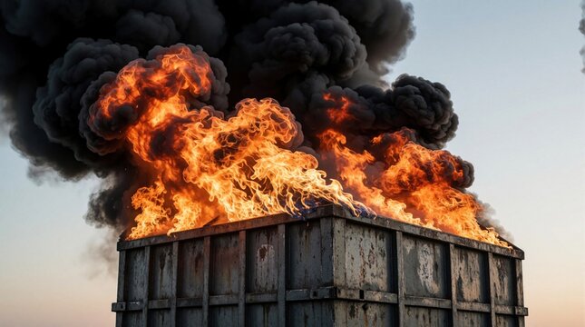 Industrial metal waste container burns with intense orange flames. Large black smoke clouds rise into sky from rubbish fire. Dangerous garbage dumpster accident causes heavy pollution, environmental