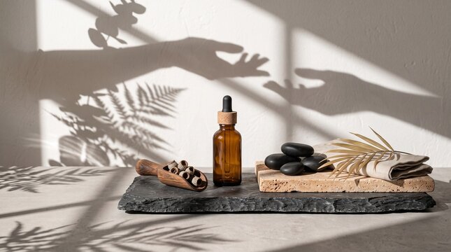 Minimalist Wellness Ritual Mockup with Amber Dropper Bottle, Clear Serum, Basalt Stones, and Raw Slate in Botanical Sunlight
