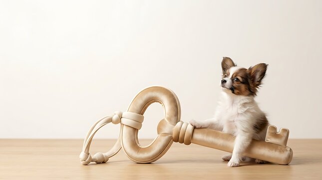 Adorable puppy doing yoga pose on wooden floor in bright room