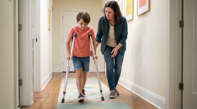 Injured child learning to use crutches, Worried parent supervising home mobility, Childhood recovery and family stress, Protective caregiving after injury, Clean lifestyle scene