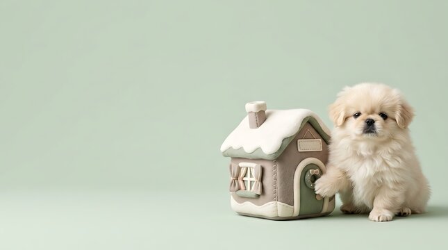 Adorable shih tzu puppy sits beside a miniature cottage on a pastel background