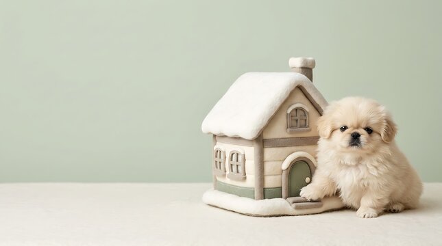 Adorable shih tzu dog sits beside a festive christmas village house