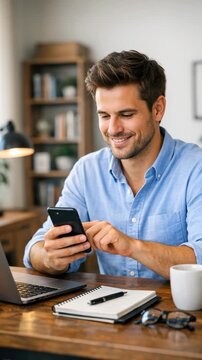 Smiling man using smartphone and laptop in a home office