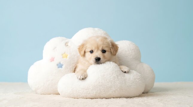 Adorable pomeranian puppy sitting amongst soft white pillows with curious expression