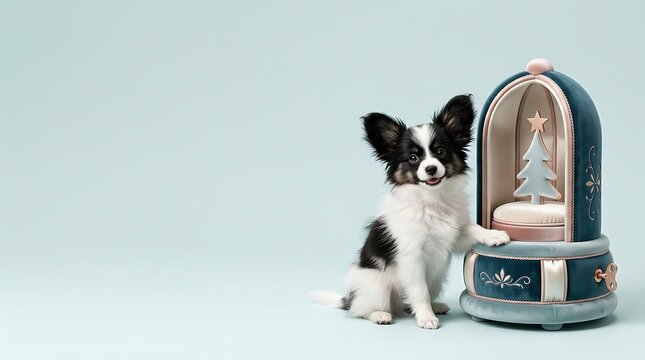 Elegant papillon dog standing beside modern pet carrier on light blue background