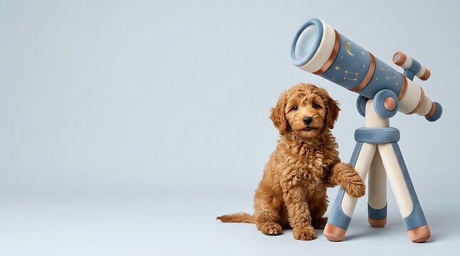 Adorable golden doodle puppy sits next to a colorful vintage telescope