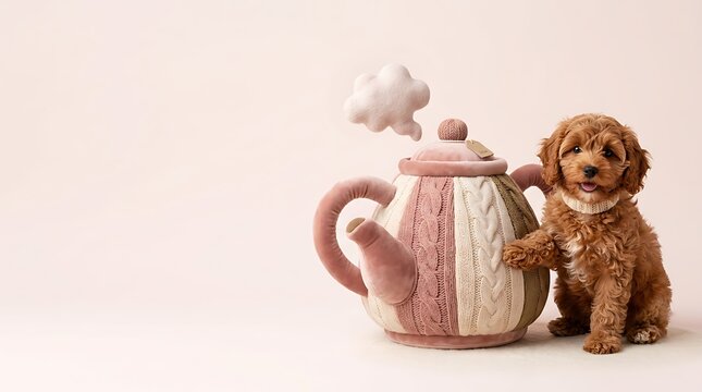 Vintage pink teapot with a miniature poodle dog companion on a neutral background