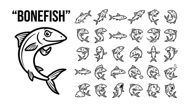 Bonefish Illustration Set: A whimsical collection of hand-drawn bonefish illustrations showcasing various poses and expressions, perfect for graphic design projects.