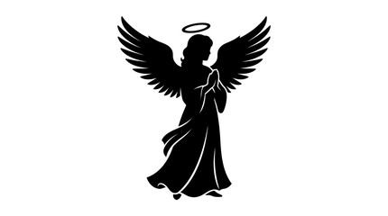 Fototapeta premium Guardian angel silhouette with wings and halo, praying celestial being vector icon, religious spiritual figure for memorial and holiday design