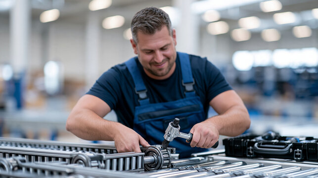 Technician replacing a worn conveyor roller bearing with a socket wrench, tool tray open beside him, copy space on the left