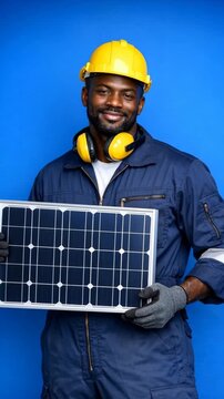 Smiling Technician in Safety Gear Holding a Solar Panel
