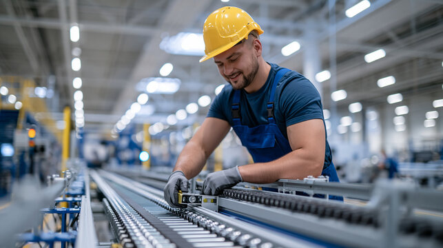 Worker adjusting a belt tracking guide along the side of a conveyor, bright industrial lighting, copy space above