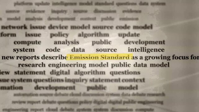 Highlighted Emission Standard text moves across research content about emissions environmental policy technology and data