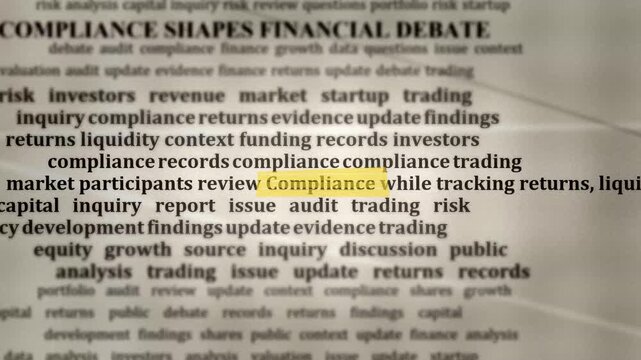 Highlighted Compliance text moves across research content about market participants trading returns liquidity risk and financial policy