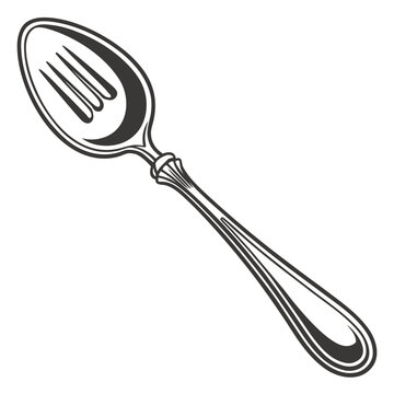 Black and white line of a vintage style silver spoon with a slotted bowl on a clean white background, for kitchenware