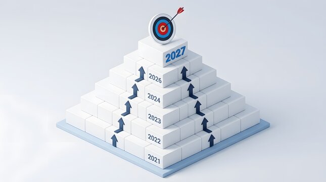 Isometric pyramid graphic illustrating progressive business growth milestones from 2019 through 2025 with target arrow at the top.