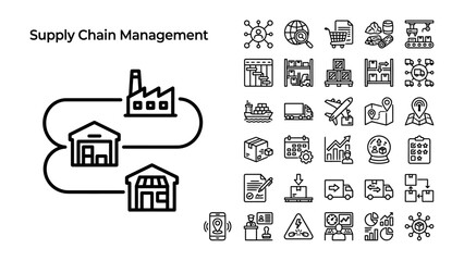Obraz premium Supply Chain Management Icons: A comprehensive set of line art icons illustrating various aspects of supply chain management, from production to delivery.