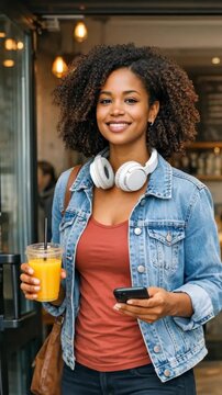Smiling Woman with Curly Hair and Headphones Holding Orange Juice and Smartphone