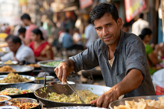 Man prepares food with focus and care at bustling street stall. Steam rises from hot dishes as he serves with skill. Crowd moves around, unaware of the scene's quiet rhythm