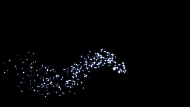 Luxury white glitter sparkle animation, glowing star particles burst, magic sparkles glitter line stars, magic dust, pixie dust path, Christmas stars isolated on a black background.4k video