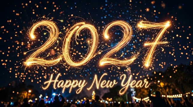 A dazzling and vibrant depiction of the year 2027 illuminated with golden sparks and celebratory lights marking the joyous arrival of the new year with