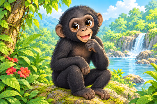 Cute cartoon bonobo baby chimpanzee sitting on rock near tropical jungle waterfall, primate wildlife children book illustration