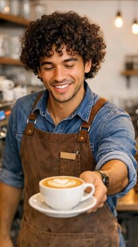 Smiling Barista Offering a Latte with Heart Art in a Cafe