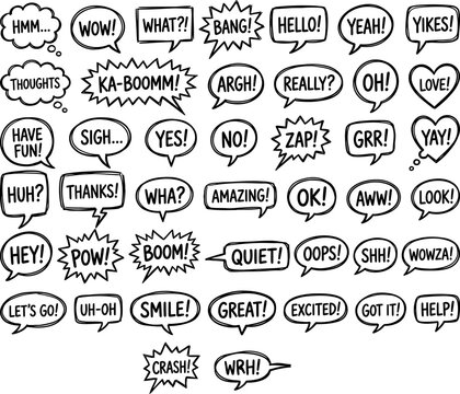 Hand drawn comic speech bubble set with text sound effects and thought balloons vector