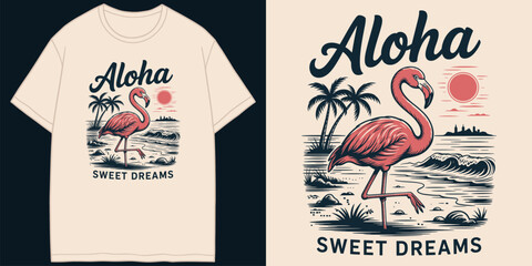 aloha sweet dreams vintage t shirt design featuring pink flamingo on beach with palm trees and sun © RNDM TeeDesign
