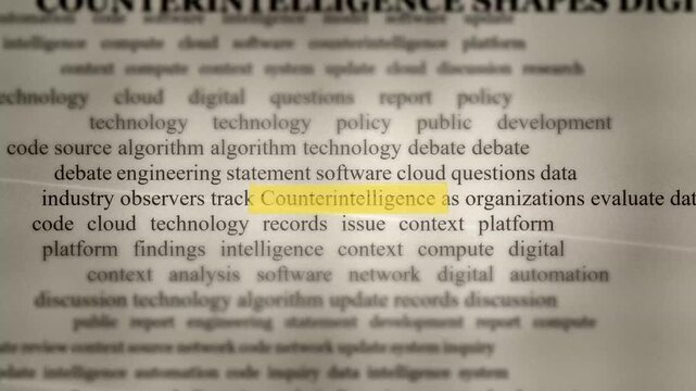 Highlighted Counterintelligence text moves across dense research content about digital systems intelligence technology and data