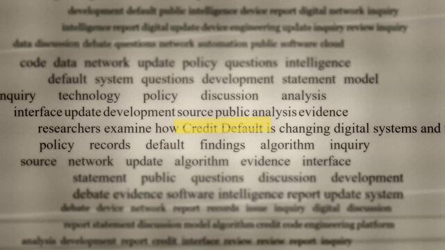 Highlighted Credit Default text moves across dense research content about finance data policy intelligence and digital systems