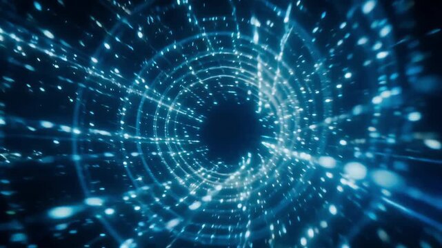 Abstract blue light tunnel moving through space created with high speed digital motion graphic video animation