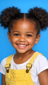 Smiling African American Girl with Curly Hair Buns in Yellow Overalls