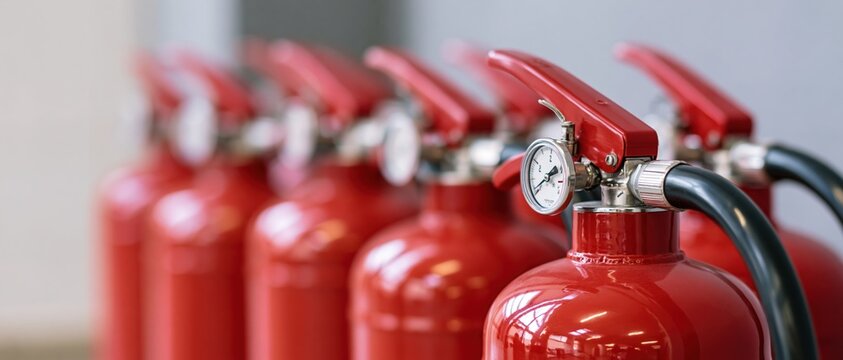 Row of red fire extinguishers lined up in a facility setting