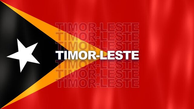 Waving Timor Leste Flag Featuring A White Star Yellow Triangle And Repeated Timor Leste Text
