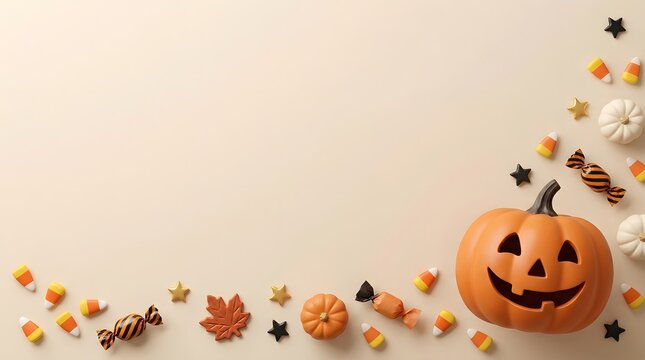 Festive halloween decorations with pumpkin and candy on beige background