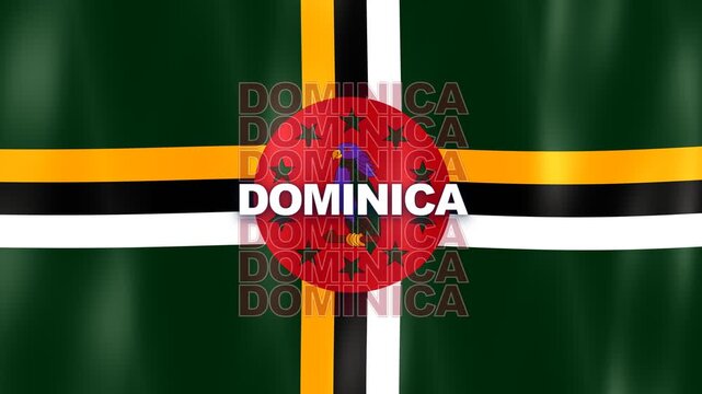 Waving Dominica Flag With Green Field Yellow Black And White Cross Red Circle Parrot Symbol And Repeated Country Name Text