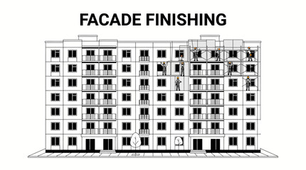 Fototapeta premium Very beautiful black and white flat vector illustration of an apartment building during facade finishing, exterior panels, windows, balconies, LABEL: 