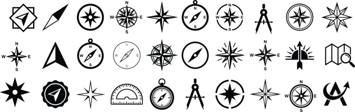set of black isolated navigation icons including compass rose map dividers and windrose shapes vector
