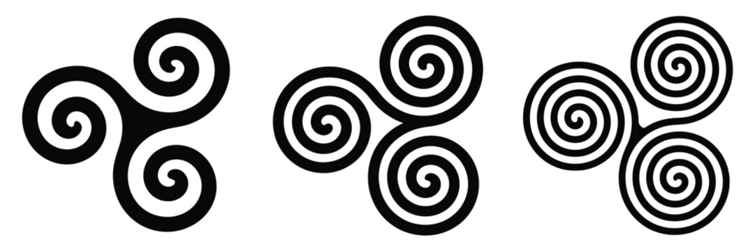Celtic triple spiral symbols, triskelion motifs, multiple turns, balanced rotation, traditional heritage, ancient ornamental design