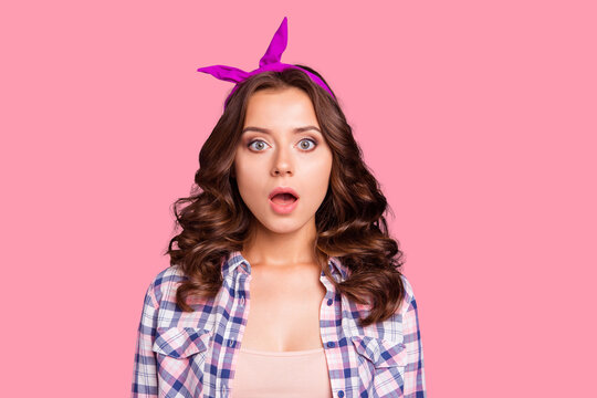 Portrait of nice wondered sweet lovely attractive adorable girlish lady wearing head band isolated over violet pastel background
