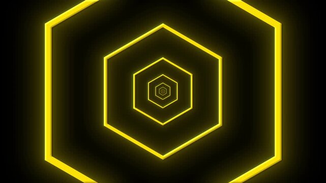 Futuristic Yello hexagon tunnel loop background motion graphics, abstract sci-fi cyberspace tunnel animation.