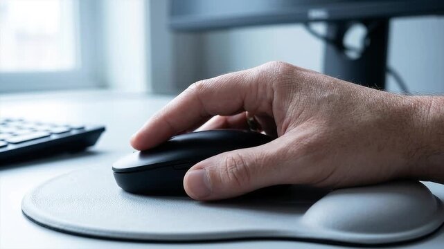 Close-up of a hand using a wireless computer mouse on an ergonomic mousepad in a bright office setting.