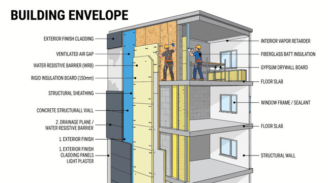 Very beautiful realistic flat vector illustration of an apartment building showing exterior insulation installation, building envelope layers, partially finished walls, LABEL: "BUILDING ENVELOPE", sim