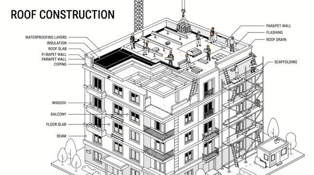 Very beautiful black and white flat vector illustration of an apartment building during roof construction, flat roof structure, parapet walls, LABEL: "ROOF CONSTRUCTION", waterproofing layers and clea