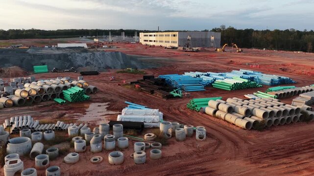 Stacks of blue and green plastic pipe, concrete culvert and precast drainage structures fill a laydown yard in Louisa County, Virginia, below a new data hall on the ridge. Aerial lateral wide shot